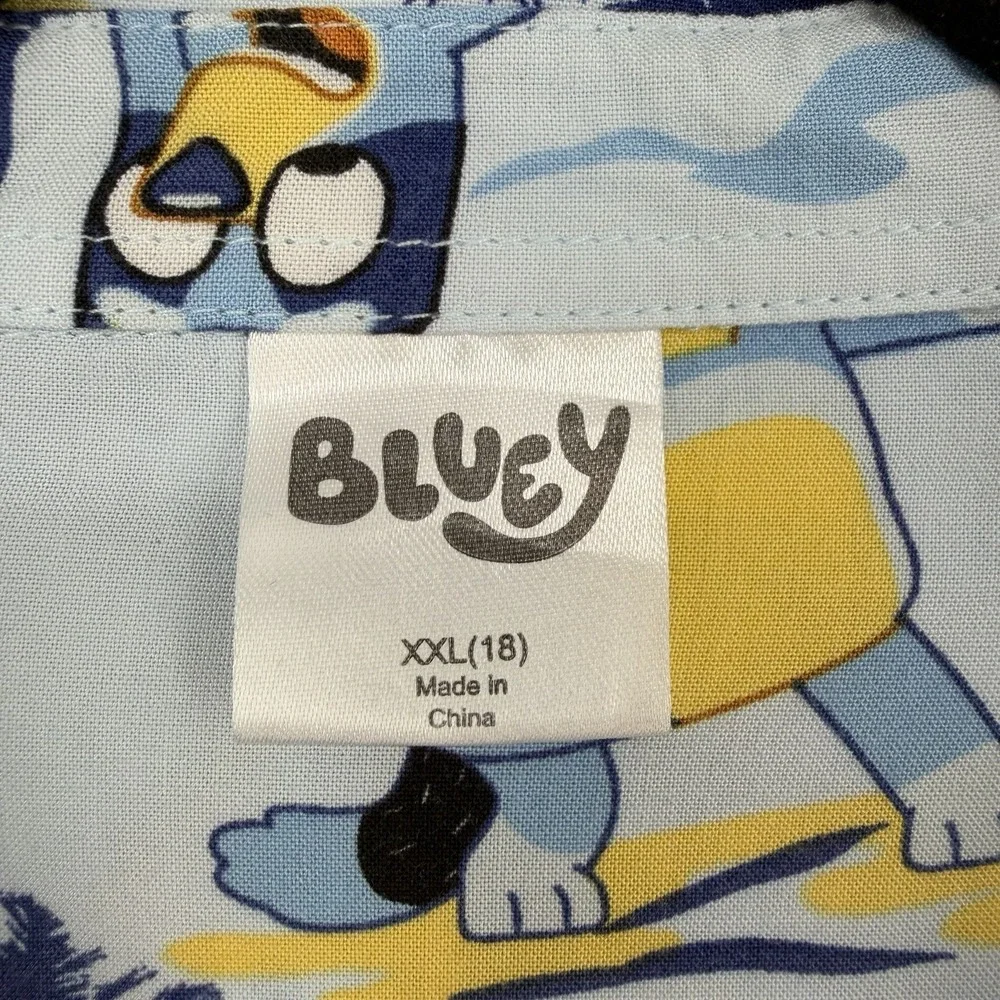 Bluey boys XXL short sleeve button up hawaiian shirt rayon cartoon tiki vacation